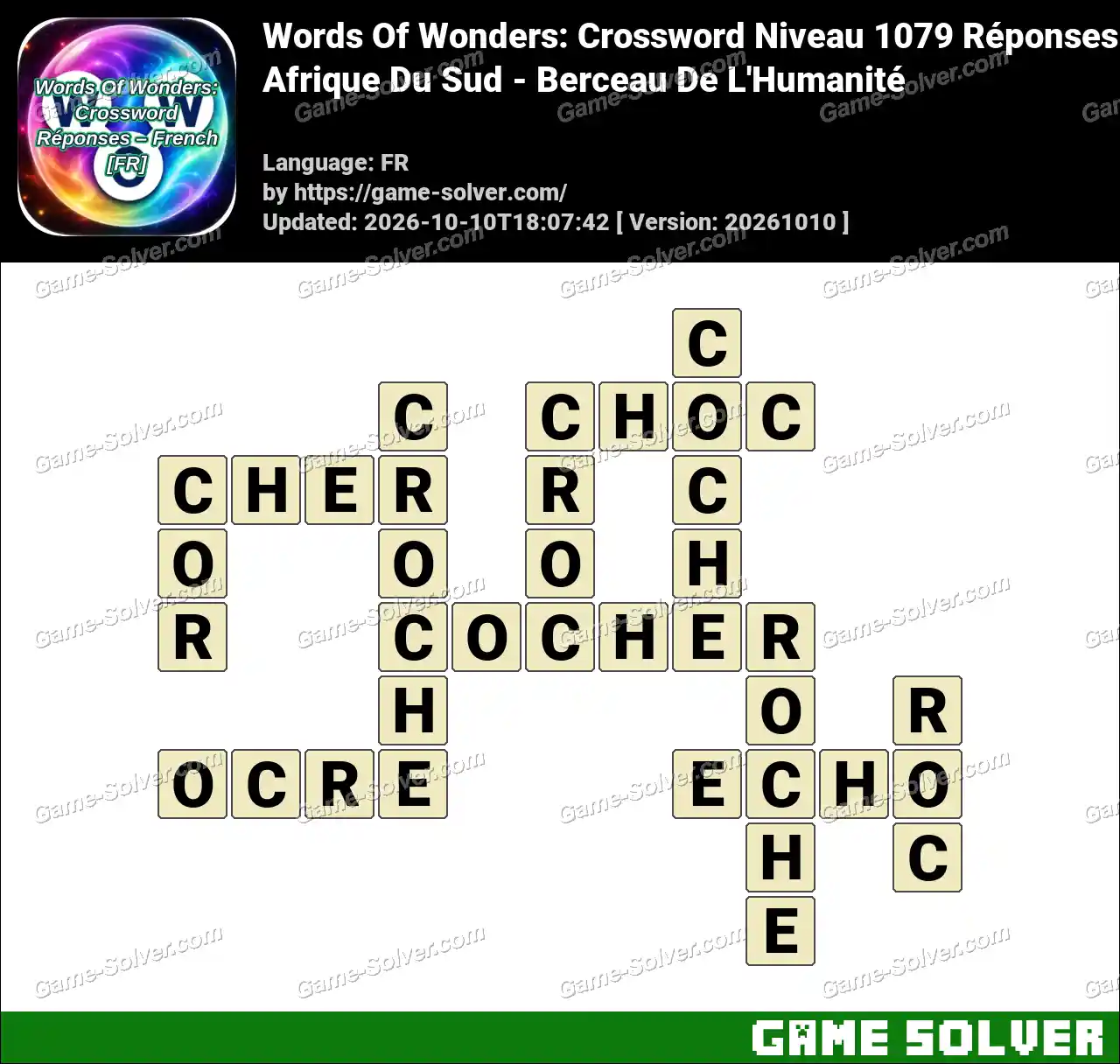 Words Of Wonders: Crossword Niveau 1079 Réponses – Afrique Du Sud – Berceau De L’Humanité